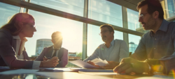 Four employees discussing proposal management process with sunlight behind them